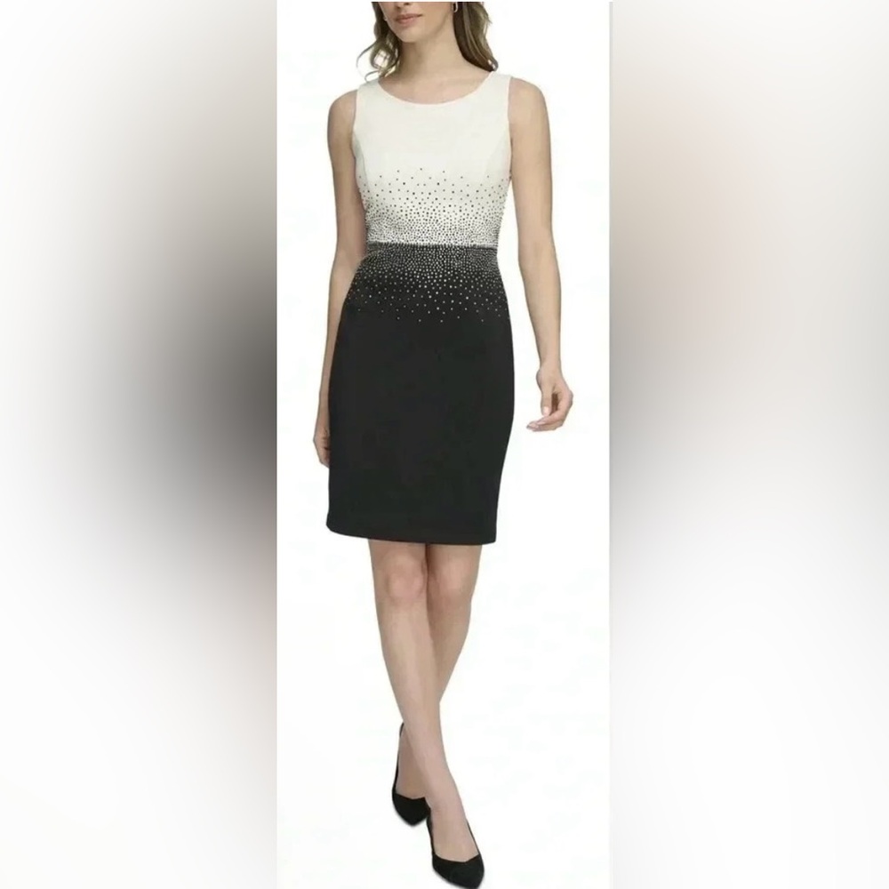 Calvin Klein Scuba Sleeveless Black and White Rhinestone Detail Dress Size 8